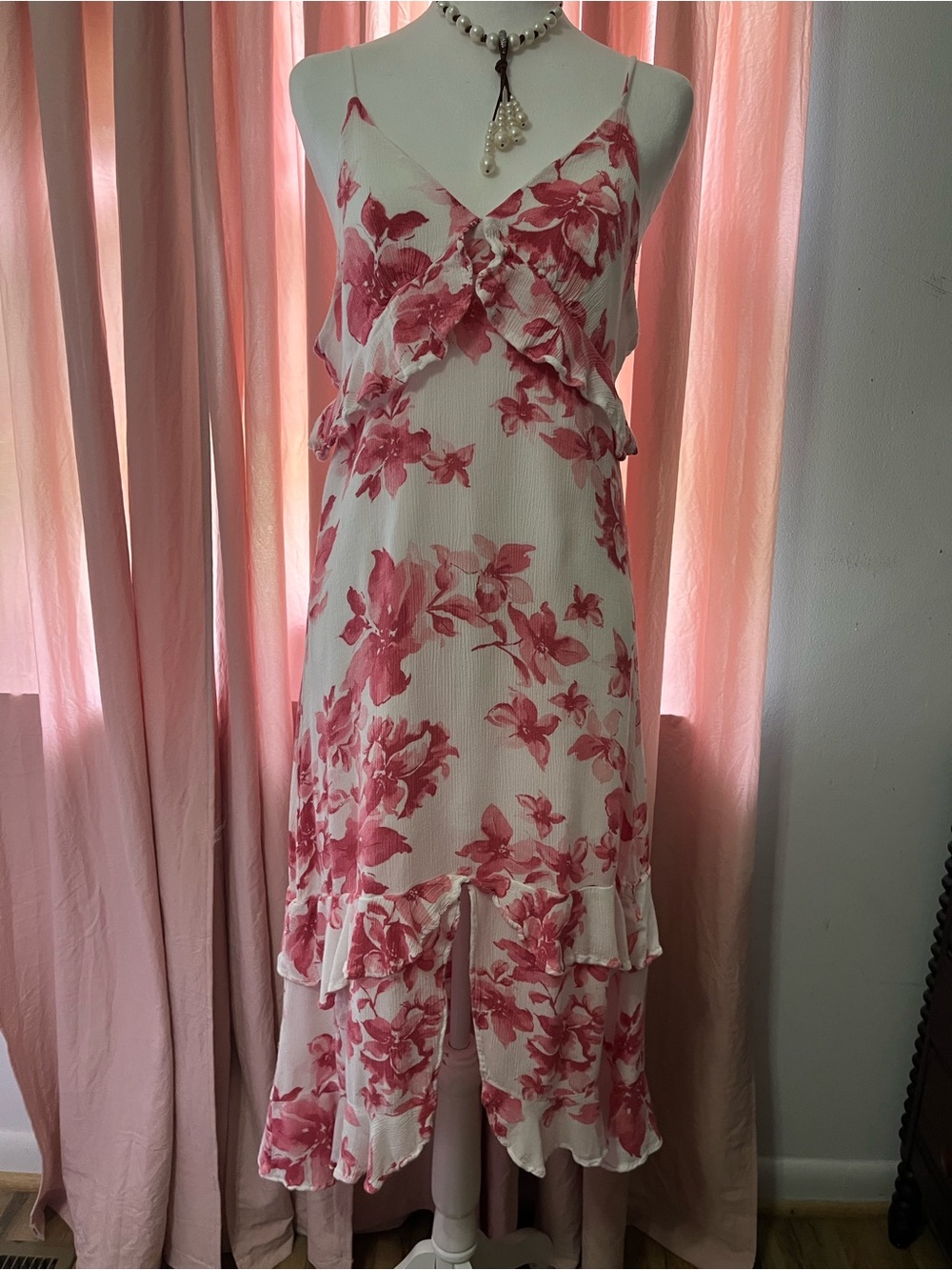 Pink Floral Ruffle Midi Slip Dress